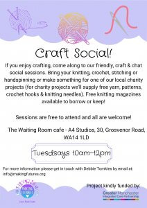 poster for the free craft social group at the waiting room cafe at a4 studios in altrincham